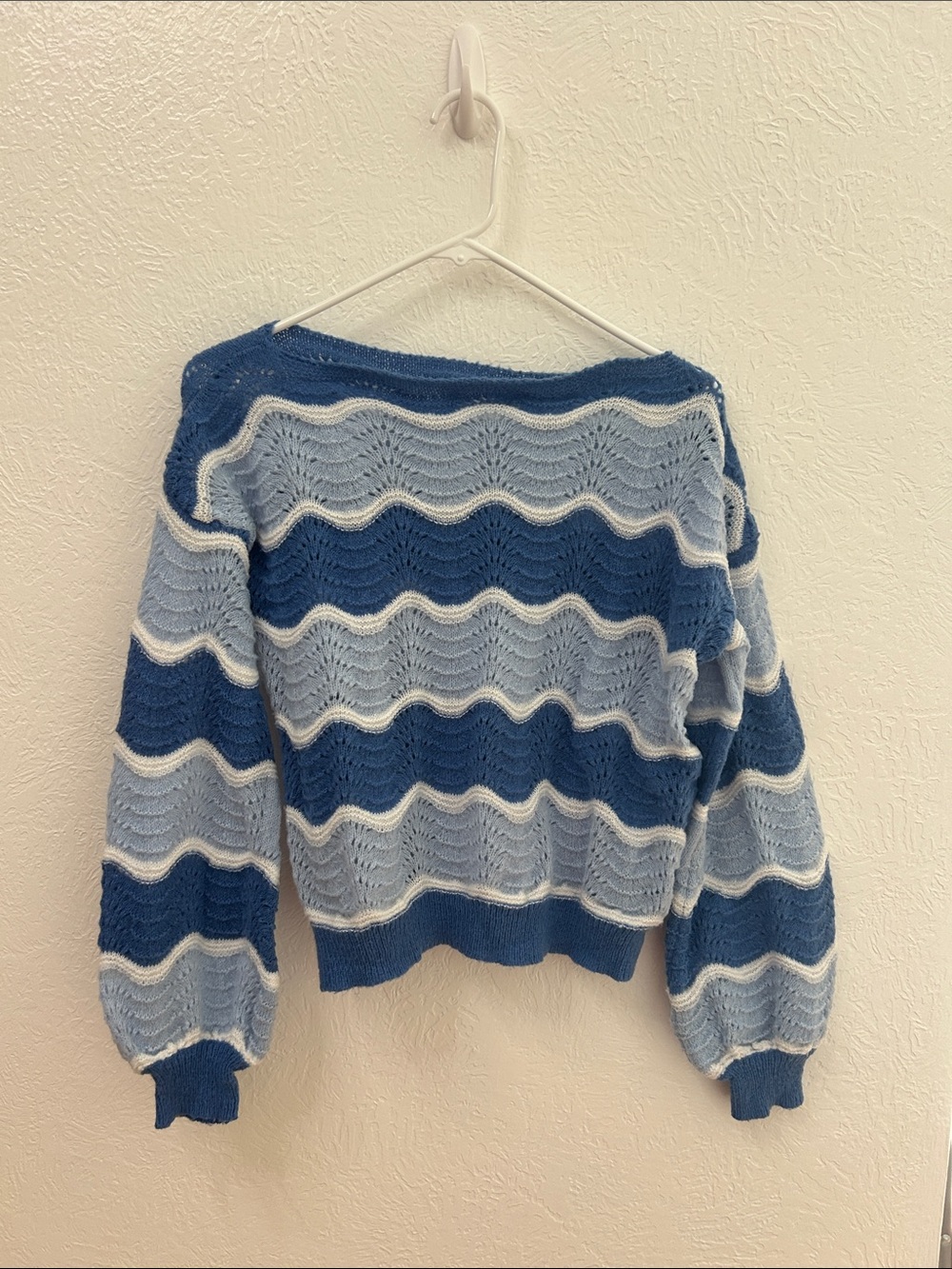 SHEIN Blue Striped Crochet Off-Shoulder Sweater